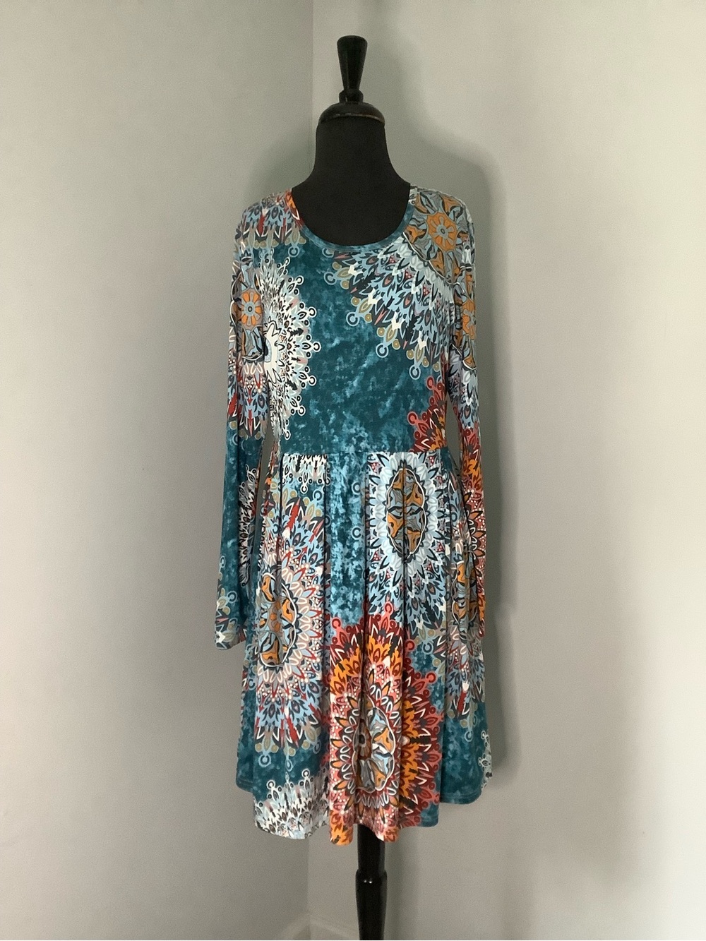 Teal Floral Medallion Long Sleeve Swing Dress